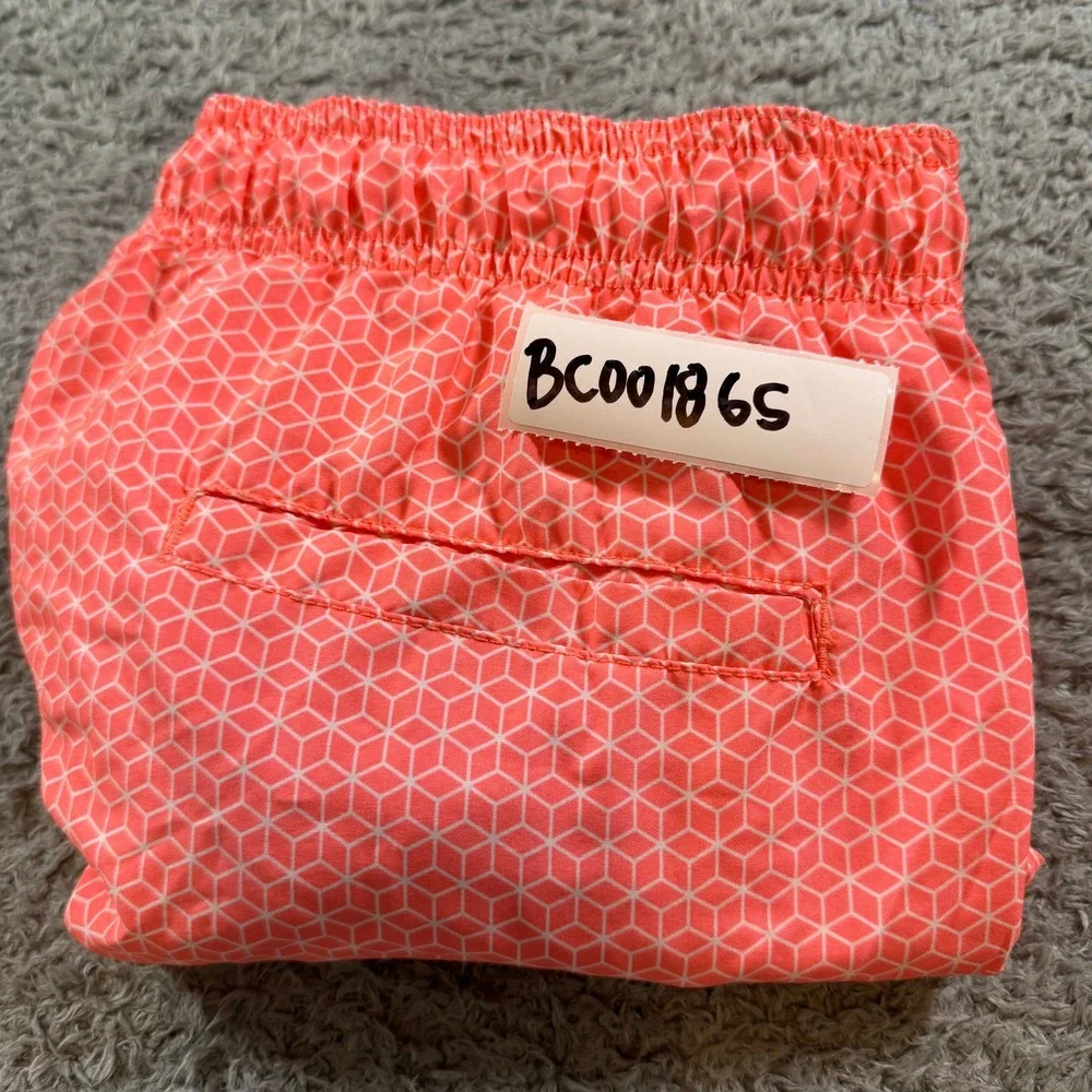 HM Mens Swim Trunks Large Coral Pink Geometric Honeycomb Mesh Lined Drawstring